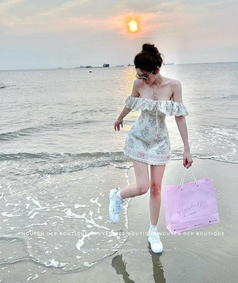 Women Ruffle Off-Shoulder Lace Border Floral Mini Dress with Cute Hairband